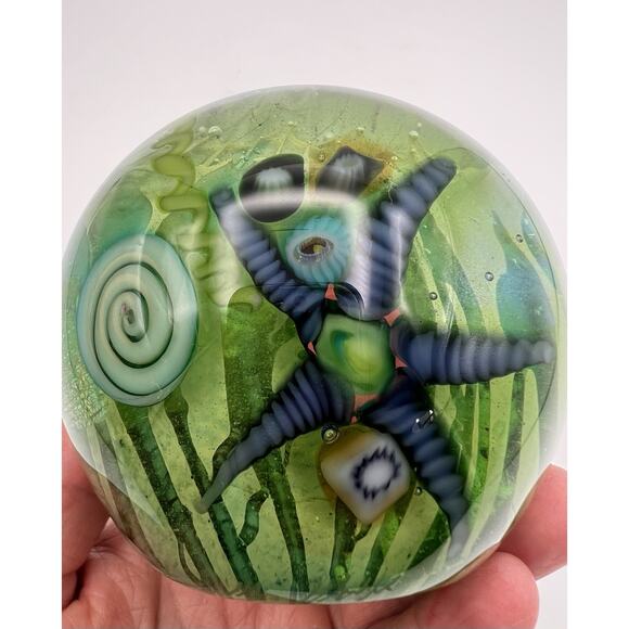 Kog Kokomo Dichroic Art Glass Ocean Fossil Sea Life Paperweight 3.5” RARE Signed - Picture 13 of 13